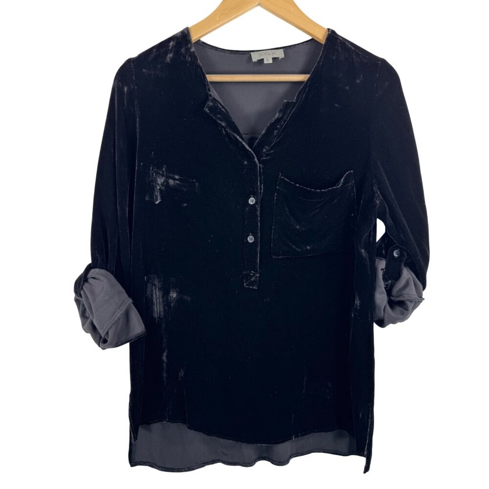 Sylk Womens Black Velvet silk blend Long Sleeve Blouse blk sz‎ S